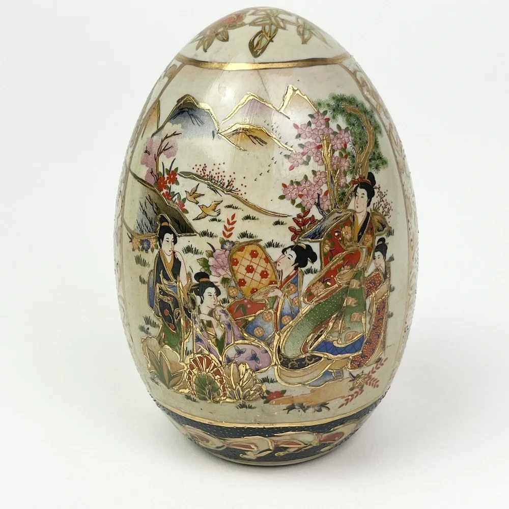Vtg Royal Satsuma Egg Hand Painted Geisha Porcelain Gilded Hand Painted 6